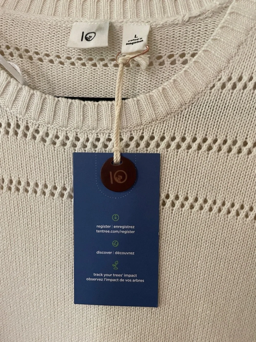 tentree Cream Open-Knit Yoke Crewneck Sweater 100% organic cotton NWT - Picture 2 of 12